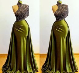 Elegant Dark Green Mermaid Evening Dresses Floor Length Satin Sequined One Shoulder Pleats Evening Formal Party Second Reception Birthday Pageant Dress Prom Gowns