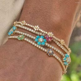 Charm Bracelets Blue Green CZ Colourful Flower 3mm Tennis Link Chain Bracelet For Women Girls Iced Out Bling Paved Daisy
