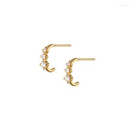 Stud Earrings 18K Gold REAL. 925 Sterling Silver Jewelry Three Stones CZ Set 4A Half Circle Ear Piercing C-G9216