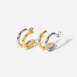 Hoop Earrings 18k Gold Plated Stainless Steel Layer Connect Color Earring Jewelry Geometric Double Line Shaped For Women