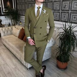 New Oliver Green Mens Suits 2pcs Jacket Pants Groom Wedding Tuxedos Double Breasted Blazer Formal Business Party Prom Outfits