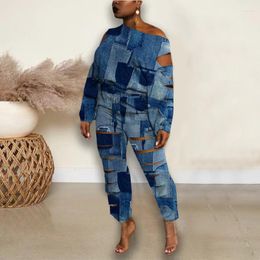 Tracksuits Plus Size Women Sets Cut Out Denim Print Tops And Pants 2023 Fall Two Piece Female Designer Cloth Casual Tracksuit Outfits
