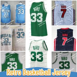 33 Larry Bird Retro Basketball Jersey Indiana State Sycamores 1992 Basketball Team 7 Bird Blue White Green Throwback Mens Ed Jerseys