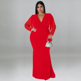 Plus Size Dresses Women's Sexy Long Sleeve Fringe Solid Color Deep V-neck Evening Dress Fashion Casual Elegant Party