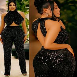 Aso 2023 Arabic Ebi Black Jumpsuits Prom Dresses Backless Sequined Lace Evening Formal Party Second Reception Birthday Engagement Bridesmaid Gowns Dress ZJ255