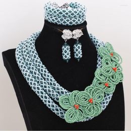 Necklace Earrings Set Dudo Genuine Teal Green Women African Beaded Flowers Design With Bracelet 3 Pcs 2023