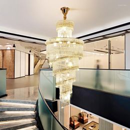 Pendant Lamps Villa Duplex Building Spiral Staircase Intelligent Three-color Light Crystal Long Chandelier High-end Sales Office Hall