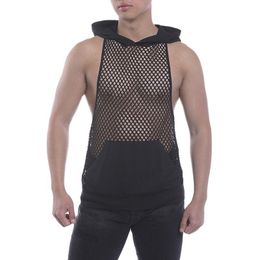 Men's Tank Tops Sexy Costumes Fishnet See Through Top Muscle Workout T Shirt Mesh Transparent Tees