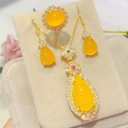 Natural Genuine Chalcedony Inlay 925 Silver yellow Water droplet Pendant Earrings Ring three-Piece Set