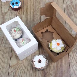 Gift Wrap 5PCS Cupcake Box Wedding Party Favor Birthday White Kraft Paper With Window Packaging 2 Cup Cake Holders