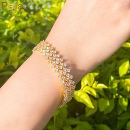 Link Bracelets Pera Glitters White Cubic Zirconia Gold Colour Big Wide Bangle With Extension Clasp For Women Jewelry Party Gift B232