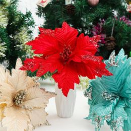 Decorative Flowers 20cm Artificial Flower Decoration Glitter Poinsettia Fake DIY Head Christmas Home Wedding Ornament Party Supplies