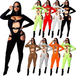 Women Jumpsuits Designer 2023 New Slim Sexy International Station Nightclub Ladies Hollow Out Button Solid Rompers 8 Colours