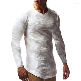 Men's T Shirts Mens Fashion 2023 Autumn Long Sleeve Shirt Men Solid Colour Jacquard Casual O-Neck Youth Slim Clothing