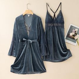 Women's Sleepwear Velour Twinset Robe Suit Women V-Neck Lace Nightgown 2PCS Sleep Set Autumn Velvet Kimono Bathrobe Gown Loungewear