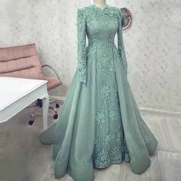 Tiffany Blue Lace Applique Prom Dress V Neck Full Sleeves Overskirt Evening Gowns Vestido Saudi Arabia