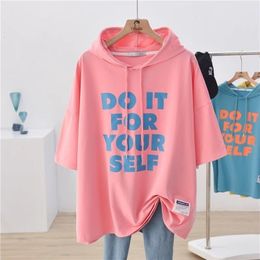 Women's T Shirt 4XL Oversized Short Sleeve T shirt Women Summer Candy Color Hooded top Korean Simple Letter Vintage Loose Fashion Casual T Shirt 230105