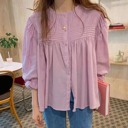 Women's Blouses & Shirts MATAKAWA Sweet Pink Purple Ladies Shirt Round Neck Single-breasted Pleated Blouse Loose Bubble Sleeve Doll Blusas F