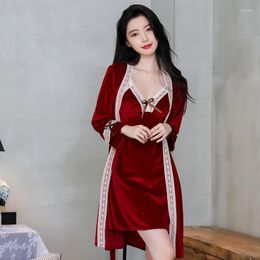 Women's Sleepwear Women Nightgown Lace Spaghetti Strap Velvet Nightwear Trim Baggy Homewear Bow Sleep Suit Sleepshirt Kimono Bathrobe Gown