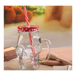 Mugs Skl St Glass Mug With Lid Handle 400Ml Large Mason Juice Drink Cup Creative Shaped Cold Drinking Bottles Dh11891 T03 Drop Deliv Dh58K