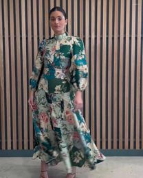 Casual Dresses Women 2023 Autumn Retro Flower Print Stand Collar Long Sleeve Hollow Out Waist Linen Dress