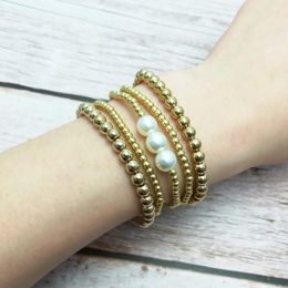 Bangle 5 PCS/Set ZWPON Gold Colors CCB Cube Beaded Pearl Bracelets Bangles For Women Filled Elastic Layered Stretchy Set