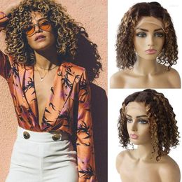 Curly Highlight T Part Bob Wig Human Hair Short Water Wave Lace Front Glueless Pre Plucked With Baby For Women