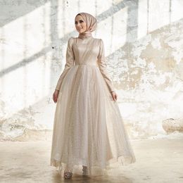 Glitter muslimska marockanska kaftan prom klär hjgh hals hijab formell festklänning paljett tyllrockar de soiree 326