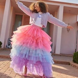 Skirts Chic Colorful Ruffles Tiered Long Women Tulle 2023 Elastic A-line Female Tutu Skirt Mix Color Party SkirtSkirts
