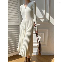 Casual Dresses Women Knitted Long Dress Autumn Winter 2023 Elegant Pleated A-line Midi Female V-neck Inside Wear Out WD178