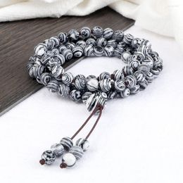 Strand Charm 6MM Grey Malachite Stone Multilayer Pendant Bracelet Tibetan 108 Beads Elastic Rope Knot Necklace Women Yoga Bangle Jewelr