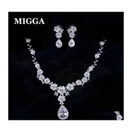 Earrings Necklace Migga High Quality Cz Crystal Flower Water Drop Cubic Zirconia Jewellery Set For Women Bride Delivery Sets Dh6Lt