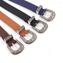 Belts Q Fashion Leather Belt For Women Metal Pin Carved Buckle Waist Vintage Western Ladies Waistband Cinturon Mujer