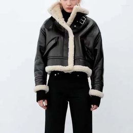 Women's Leather Women's Winter Coat Streetwear Faux Lamb Fur Lapel Crop Jacket Autumn Female Moto Biker Warm Sheepskin Outwear