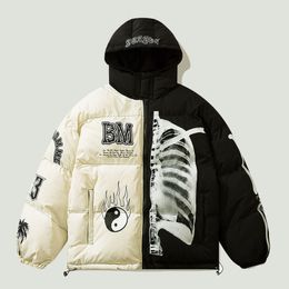 Men's Jackets Winter Hooded Parkas Mens Harajuku Yin Yang Skeleton Printed Patchwork Padded Streetwear Thicken Warm Loose Coats Unisex 230106