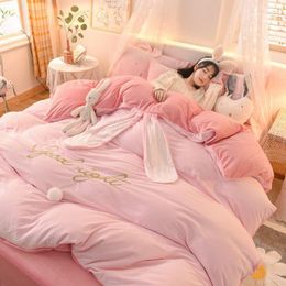 Bedding Sets Winter Crystal Velvet Princess Style Set Lovely Ears Duvet Cover Bed Sheet Pillowcase Warm Fleece Home Textile