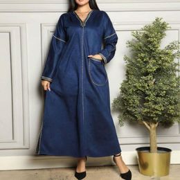 Casual Dresses Blue Maxi Dress Muslim Winter Lace Pocket Hooded Ladies Robe Loose Dubai Abaya Kaftan Elegant Vintage Gowns Women