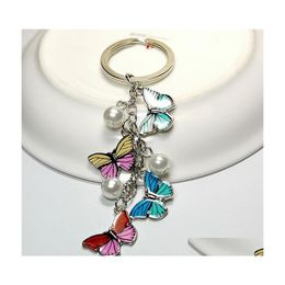 Keychains Lanyards Exquisite Butterfly Pearl Alloy Keychain Fashion Colorf Drip Oil Insects Keyring Bag Pendant Ornaments Car Key Dhh6B