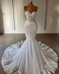 Luxury Mermaid Wedding Dresses Sleeveless Sweetheart Beaded Sequins Appliques Formal Dresses 3D Lace Bridal Gowns Plus Size Lace Layer Folds Train Vestido de novia