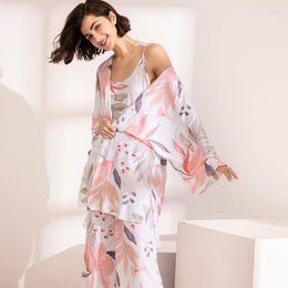 Women's Sleepwear SELLING 3Pcs Soft Pyjama Set For SPRING & FALL Ladies Floral Printed Pink Leaves Cardigan Camisole Pants Homewear