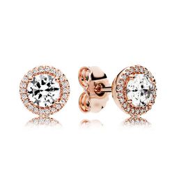 Rose Gold Round Sparkle Halo Stud Earrings for Pandora Authentic Sterling Silver Hip Hop Party Jewellery For Women Men Girlfriend Gift Earring Set with Original Box