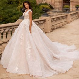 Vestidos De Novia 2023 Backless Lace A Line Wedding Dresses Sexy V Neck Appliques Beaded Chapel Train Vintage Bridal Gowns