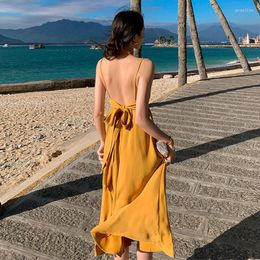 Casual Dresses Summer Fairy Yellow Dress For Women Bohemian Vacation Outfits Thin High Waist A-line Elegant Party Beachwear Solid Colour