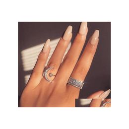 Wedding Rings Classical Fashion Jewellery 925 Sterling Sier Pave White Clear 5A Cubic Zirconia Opening Adjustable Women Star Moon Ring Dh13P