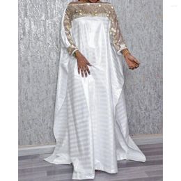 Casual Dresses Sequin Embroidery Fashion Elegant Evening Gowns Pullover Loose Waist Long Maxi Dress White Robe African Dashiki