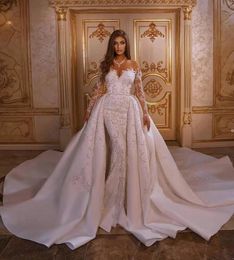 Luxury Mermaid Wedding Dress with Detachable Skirt Appliqued Arabic Trumpet Bridal Gowns Long Sleeves Bohemian Robe De 2023