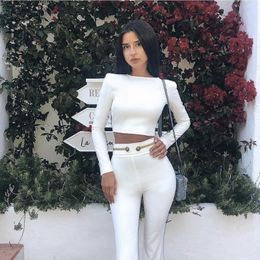 Women's Jumpsuits & Rompers 2023 White Long Sleeve O Neck 2 Two Piece Gold Button Women Vestido Celebrity Bodycon Party Bandage Fashion