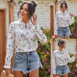 Women's Blouses & Shirts Fashion White Floral Chiffon Women O-Neck Full Sleeve Summer Shirt Tops Loose Streetwear Casual Spring Autumn Blusa