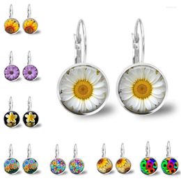 Hoop Earrings Bohemian Fashion Sunflower Daisy Flower Glass Charms Geometric Craft Transparent Round Drop Earring For Women Jewellery