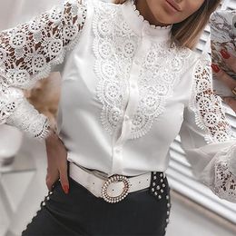 Women's T Shirts Women Autumn Sexy Lace Patchwork Hollow Out O-Neck Button Long Sleeve Shirt Spring Elegant Lady White Vintage Mesh Design